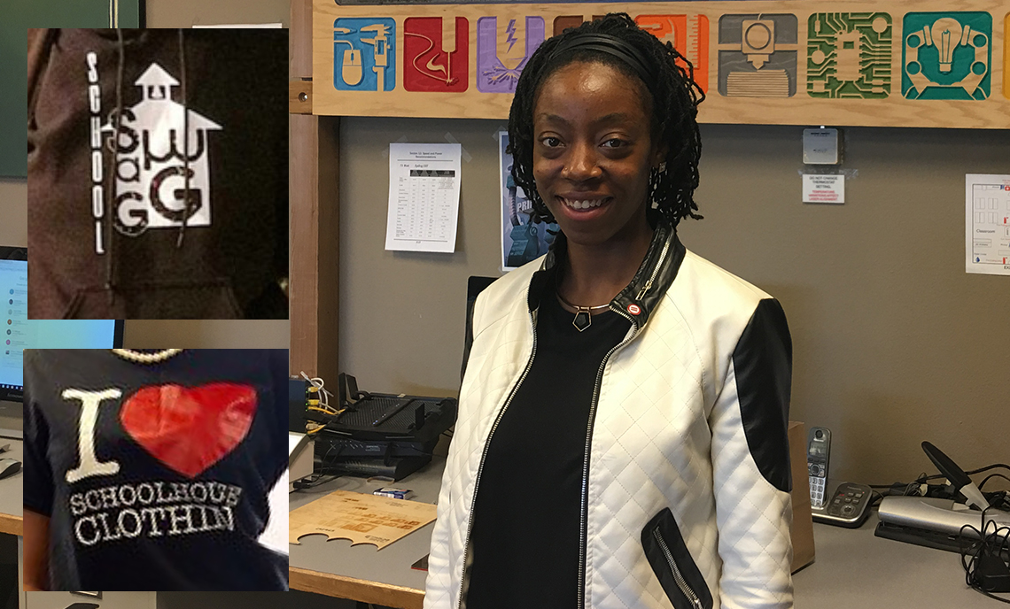 CPTC alum Danielle Perkins, with two of her Schoolhouse Clothing designs on the left.