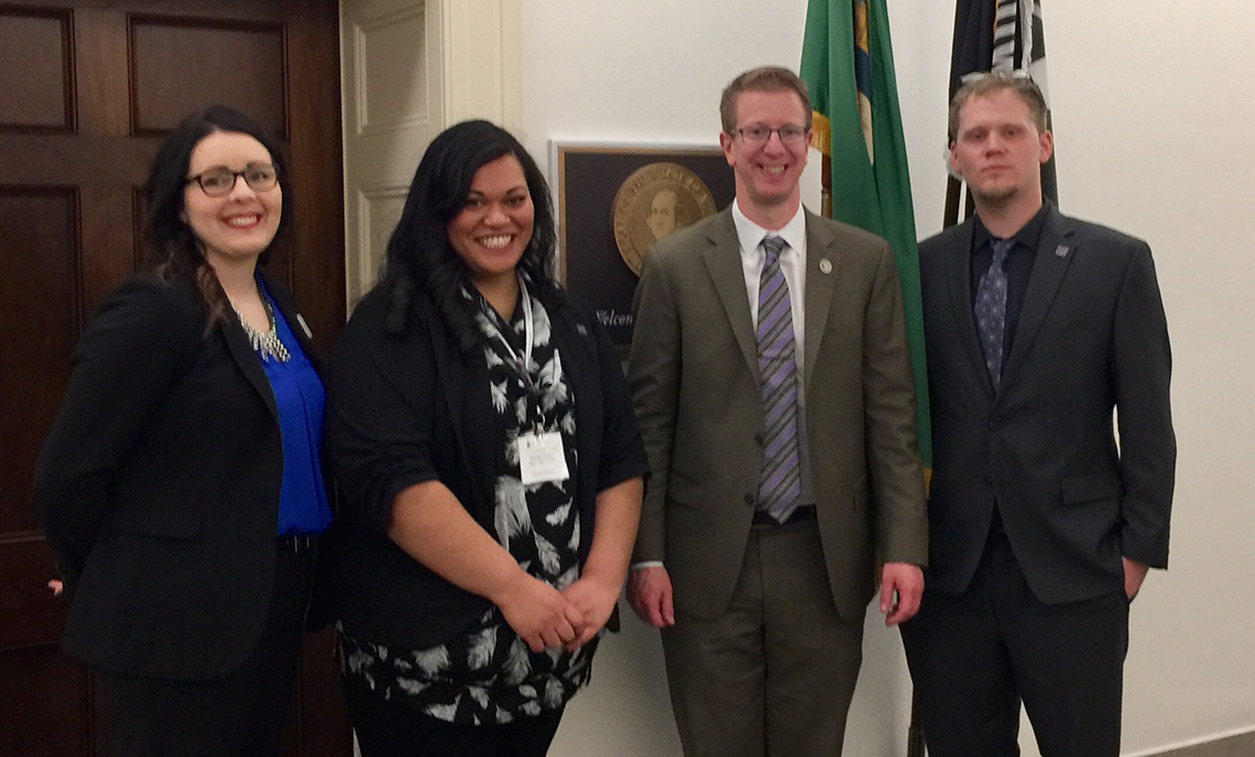 Clover Park Technical College Vice President of Strategic Development Tawny Dotson, CPTC Associated Student Government President Annie Mafi and ASG Legislative Officer Michael Clarke visit Congressman Derek Kilmer while in Washington, D.C., for the Association of Community College Trustees National Legislative Summit.