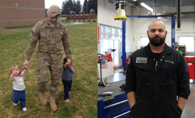 CPTC student Schuyller Nagorski with his two young daughters when he was in the military (left) and Nagorski in the CPTC auto shop (right)