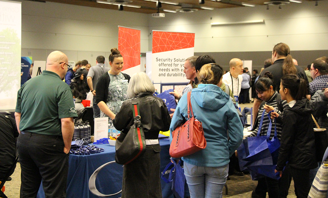 Local employers speak with CPTC students, alumni and community members at the 2017 Spring Career & Job Fair March 2 at the McGavick Conference Center.