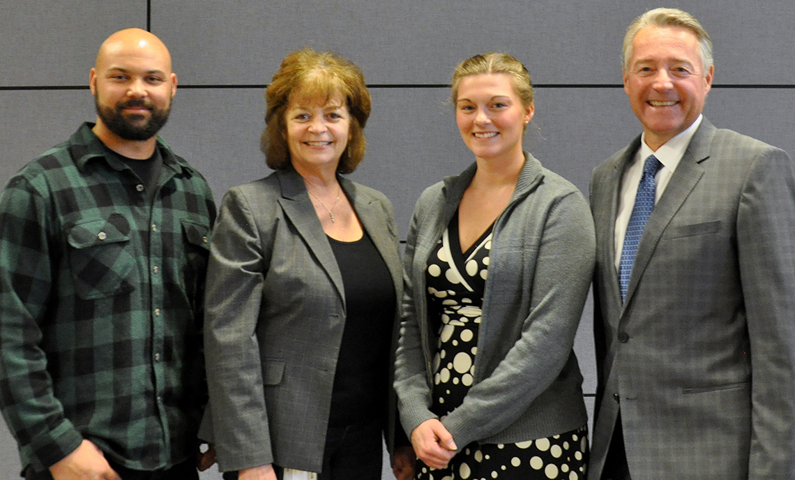 From left to right: Schuyller Nagorski (RPM Scholar), Renee Crist (America's Car Museum Collections Manager), Ericka DeBoer (RPM Scholar) and Manfred Scharmach (BMW Northwest President and CEO) at the CPTC Foundation Scholarship Celebration Luncheon April 18, 2017. Image Credit: Lori Randall.