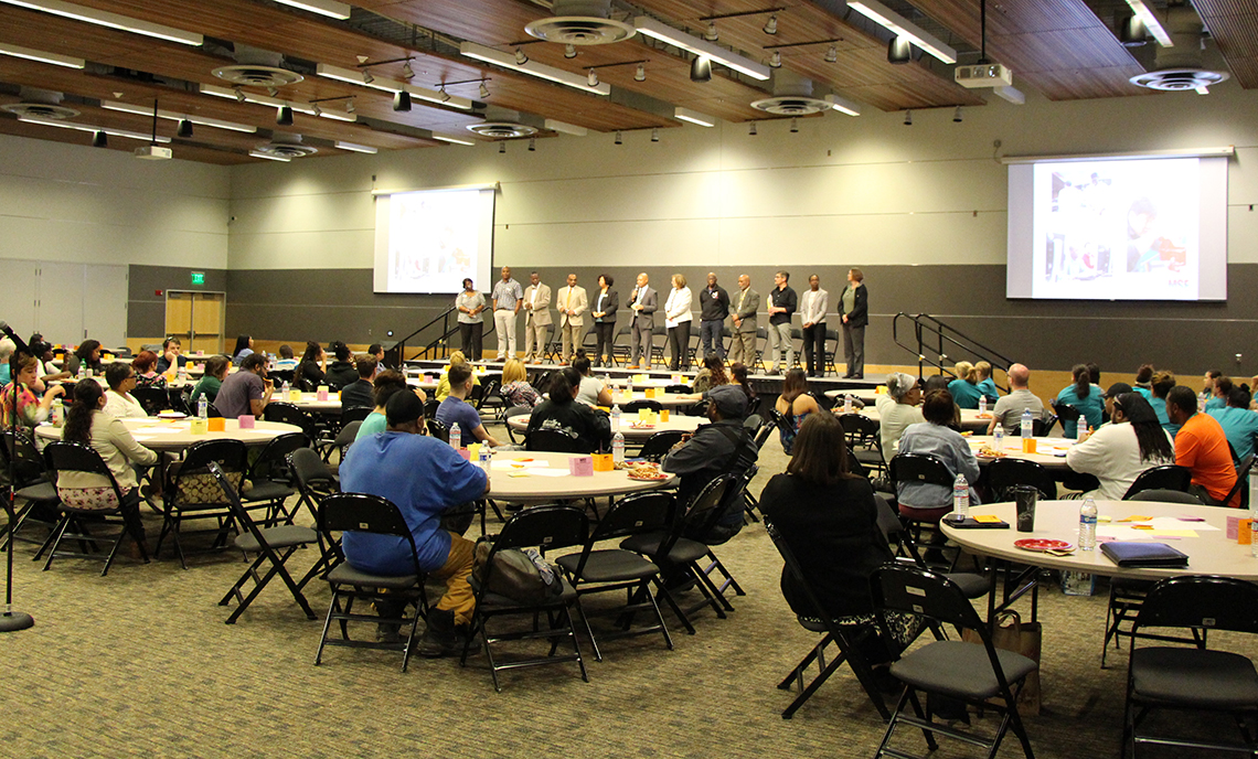 Clover Park Technical College staff, faculty and administrators introduce themselves as resources to assist students during the Minority Student Engagement Open Forum on May 9.