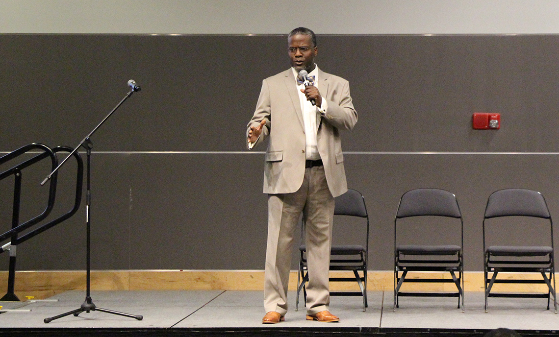 Clover Park Technical College alum Bryant Watts speaks at the Minority Student Engagement Open Forum on May 9.