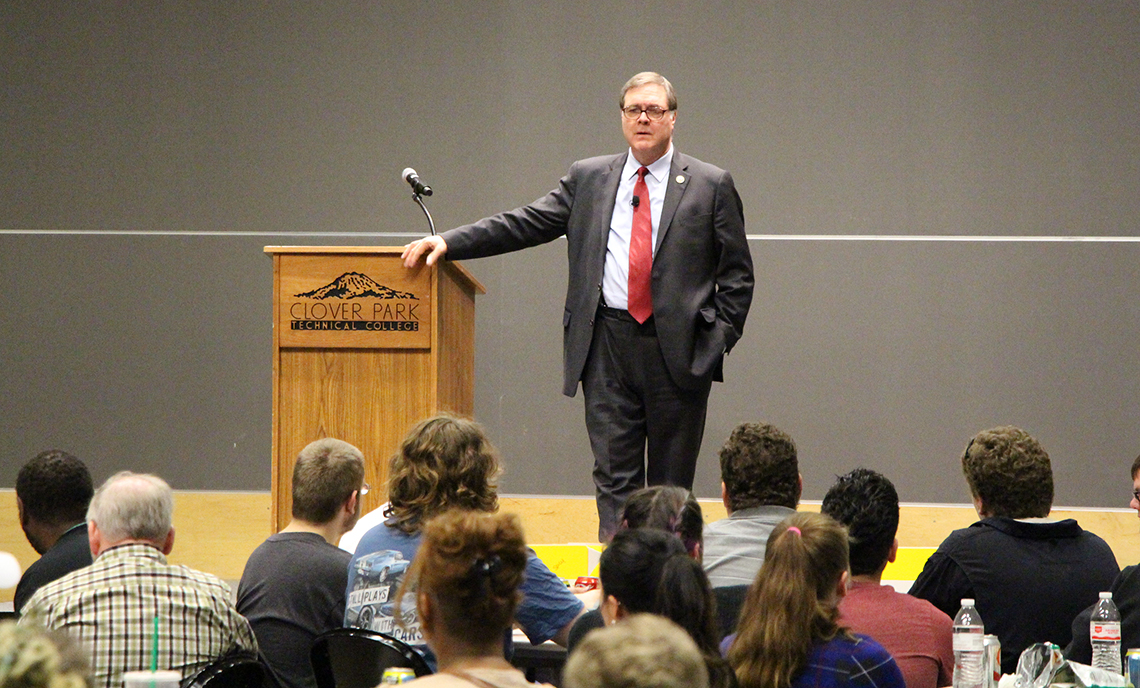 Congressman Denny Heck spoke and answered questions as part of the latest Leadership Luncheon at Clover Park Technical College on May 10.