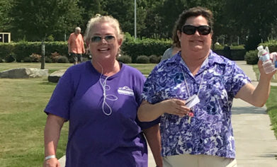 CPTC accounting instructors Suzanne Cooke and Lucy Dorum walking on the Walk-A-Thon path Wednesday, Aug. 9. Cooke completed fellow instructor Wayne Bridges' challenge to walk five miles in one day.