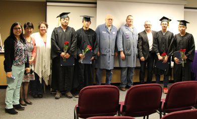 CPTC's four Aviation Maintenance Technician international student graduates join instructors and Student Success staff members to celebrate the conclusion of their program.