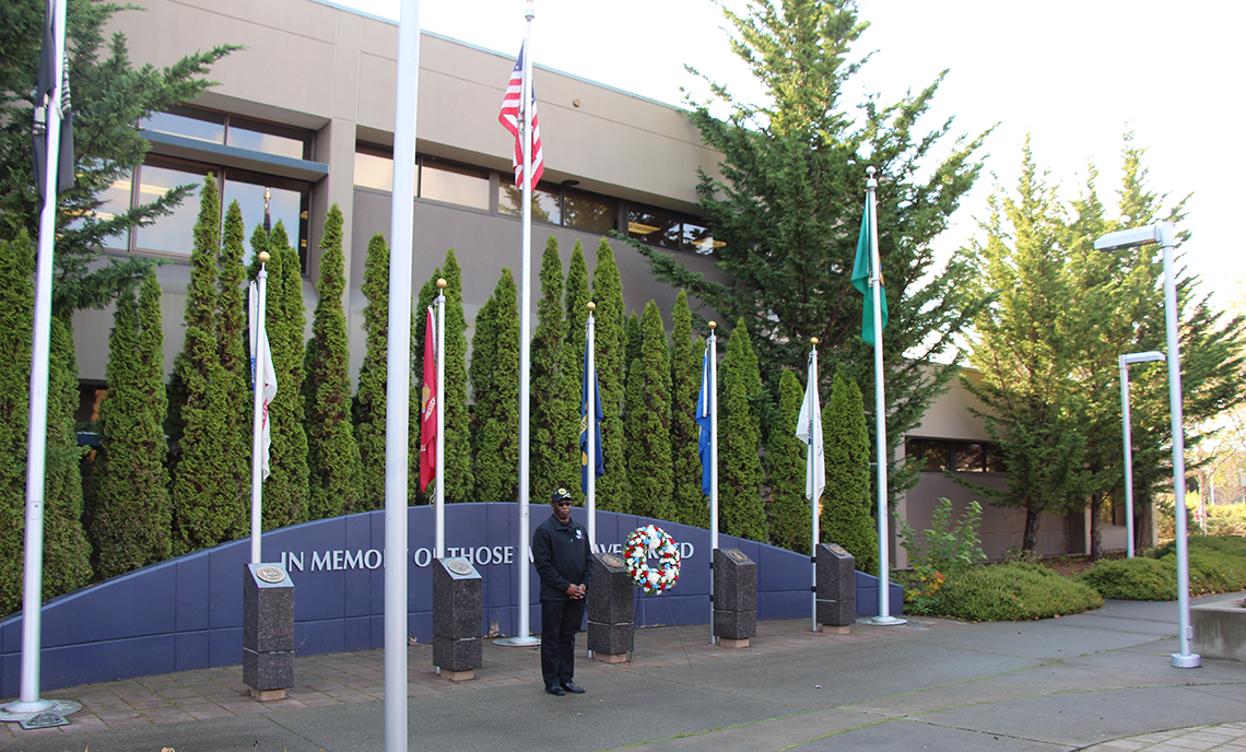 CPTC Veterans Navigator and US Army SFC Notrip Ticey III led a processional to present a wreath at the Veterans Memorial on CPTC's campus following the annual Veterans Day Ceremony on Nov. 7.