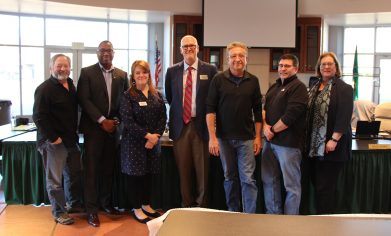 From left to right, CPTC Trustees Bruce Lachney and Eli Taylor, Jennifer Weinmann, Jay Lanphier, Michael Smith, CPTC Trustee Mark Martinez, and CPTC President Dr. Joyce Loveday.