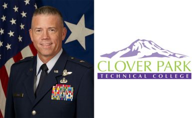 Portrait of a man in military uniform in front of a United States flag with Clover Park Technical College Mount Rainier logo