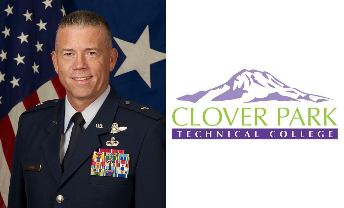 Portrait of a man in military uniform in front of a United States flag with Clover Park Technical College Mount Rainier logo