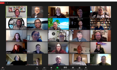 Screen shot of people attending zoom Board of Trustees meeting.