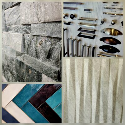 Samples of tile, natural stone, and cabinet pulls