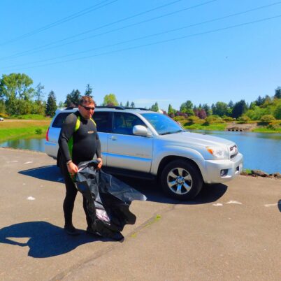 Photo Marcia Wilson. Dr. Faust prepares for another journey into the college wetlands with the City of Tacoma's Chris Burke.